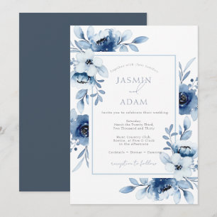 Convites Elegante Casamento Floral em Aquarela Azul