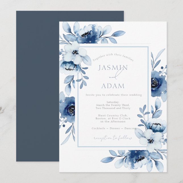 Convites Elegante Casamento Floral em Aquarela Azul (Frente/Verso)