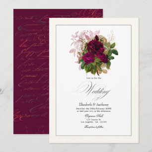 Convites Elegante Casamento Floral em Borgonha, Dourado e R