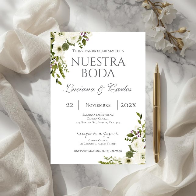 Convites Elegante casamento floral em espanhol (Criador carregado)