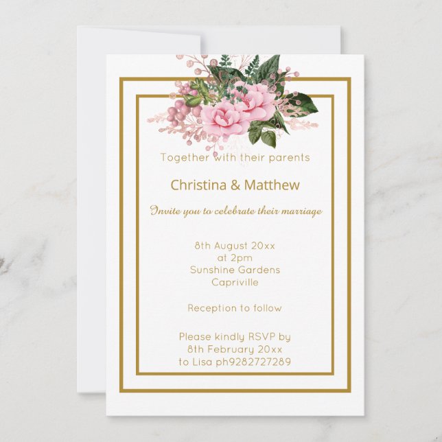 CONVITES ELEGANTE CASAMENTO FLORAL MODERNO EM OURO BRANCO (Frente)