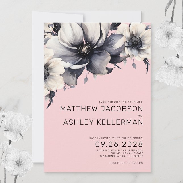 Convites Elegante Casamento Floral Moderno Rosa (Modern Elegant Boho Watercolor Pink Floral Wedding Invitation)