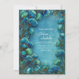 Convites Elegante Casamento Floral Ondulado em Teal Art Nou
