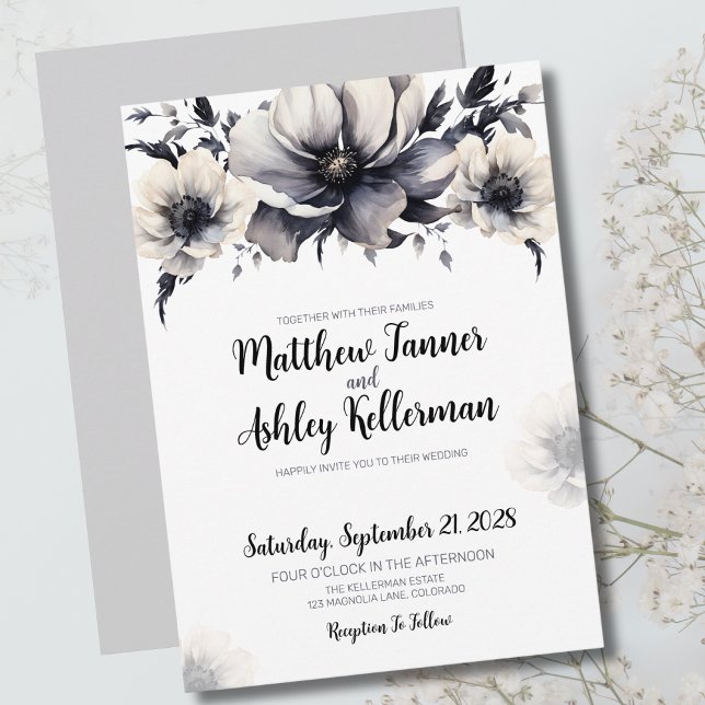 Convites Elegante Casamento Floral Preto Branco (Trendy Black White Floral Elegant Wedding Invitation)