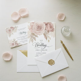 Convites Elegante Casamento Floral Rosa Poeirento com Verdu
