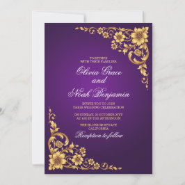 Convites Elegante Casamento Floral Roxo Real e Dourado