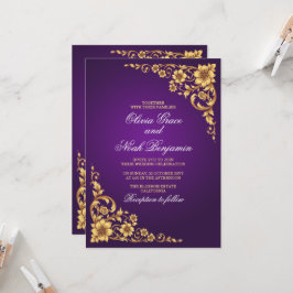 Convites Elegante Casamento Floral Roxo Real e Dourado
