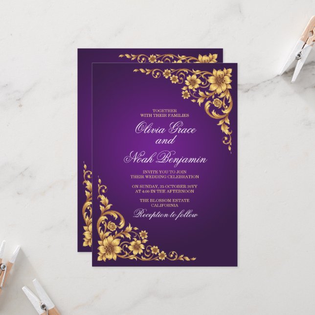 Convites Elegante Casamento Floral Roxo Real e Dourado (Frente/Verso In Situ)