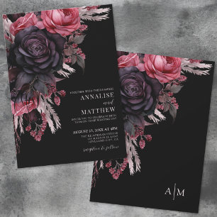 Convites Elegante Casamento Floral Vermelho e Preto