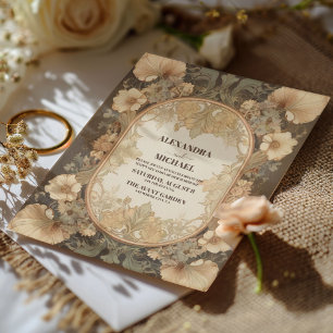 Convites Elegante Casamento Floral Vintage em Tons de Salvi