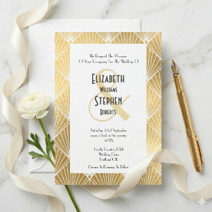 Convites Elegante Casamento Gatsby Art Déco Branco e Dourad