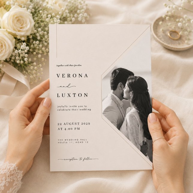 Convites Elegante Casamento Geométrico com Foto Romântica (Criador carregado)