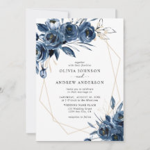 Elegante Casamento Geométrico Floral Azul Naval Pr