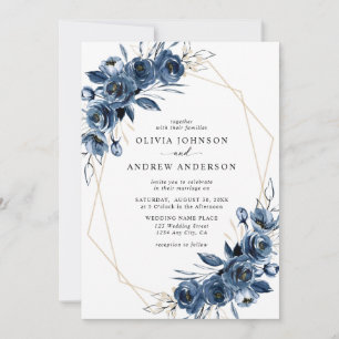 Convites Elegante Casamento Geométrico Floral em Azul Naval