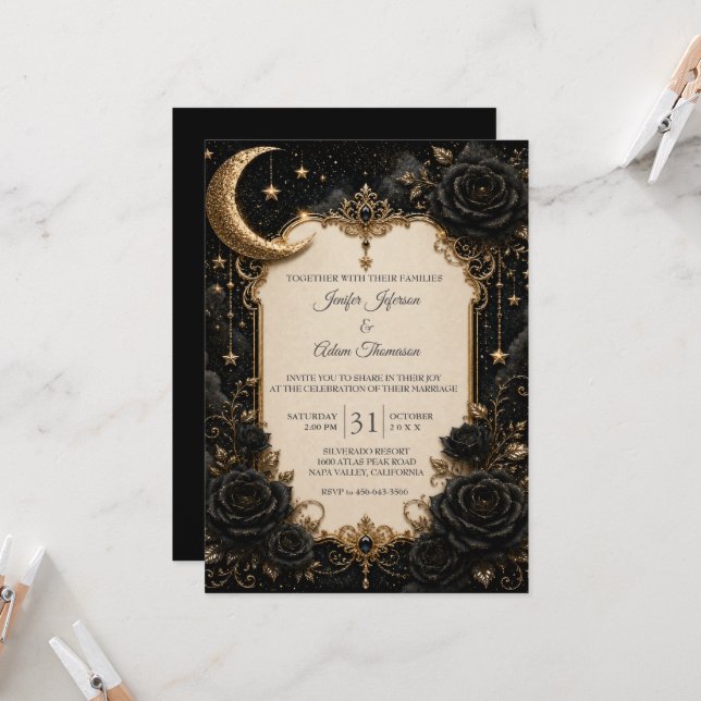 Convites Elegante Casamento Gótico Preto e Dourado (Frente/Verso In Situ)