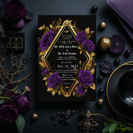 Convites Elegante Casamento Gótico Roxo e Dourado Temperame