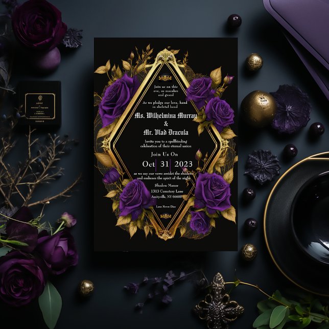 Convites Elegante Casamento Gótico Roxo e Dourado Temperame (Elegant Gothic Purple and Gold Wedding Invitation)