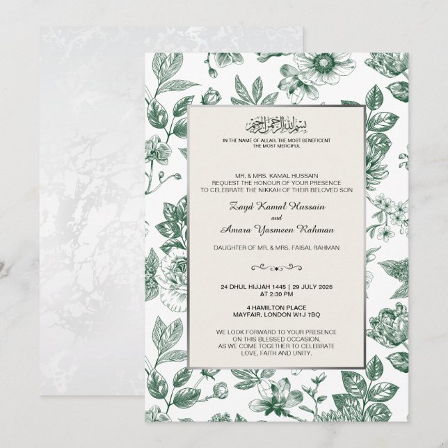 Convites Elegante Casamento Islâmico Botânico Verde (Frente/Verso)