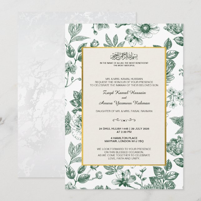 Convites Elegante Casamento Islâmico Botânico Verde (Frente/Verso)