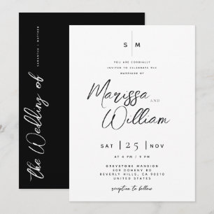 Convites Elegante Casamento Moderno com Letra em Preto e Br