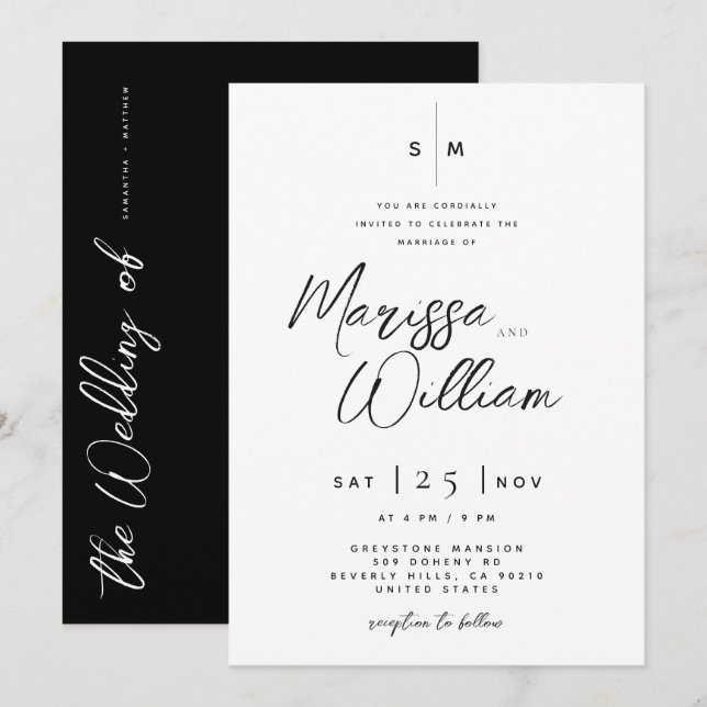Convites Elegante Casamento Moderno com Letra em Preto e Br (Frente/Verso)