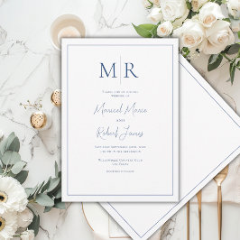 Convites Elegante Casamento Moderno com Monograma Azul Mari