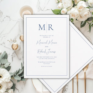 Convites Elegante Casamento Moderno com Monograma Azul Mari