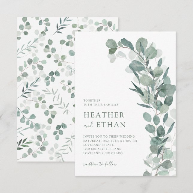 Convites Elegante Casamento Moderno com Verduras de Eucalip (Frente/Verso)