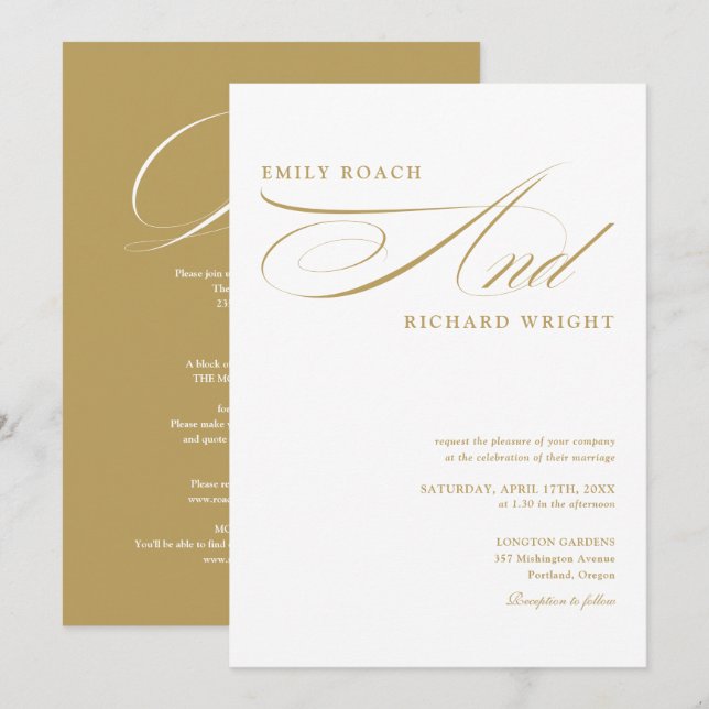 Convites Elegante Casamento Moderno Dourado em Letra de For (Frente/Verso)
