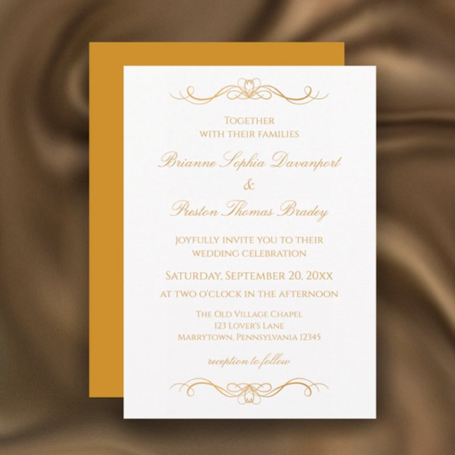 Convites Elegante Casamento Moderno em Dourado e Branco com (Personalize this unique elegant gold and white wedding invitation template. Whimsical modern script.)