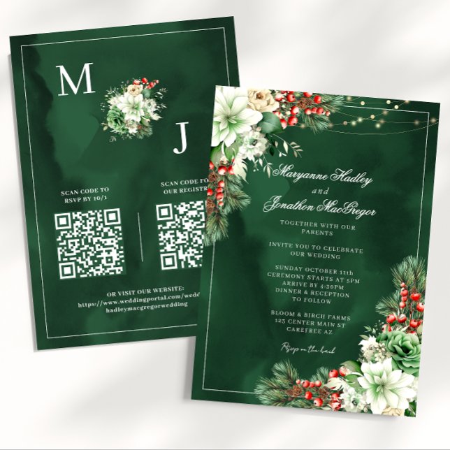 Convites Elegante Casamento no inverno Floral Emerald Green (Criador carregado)