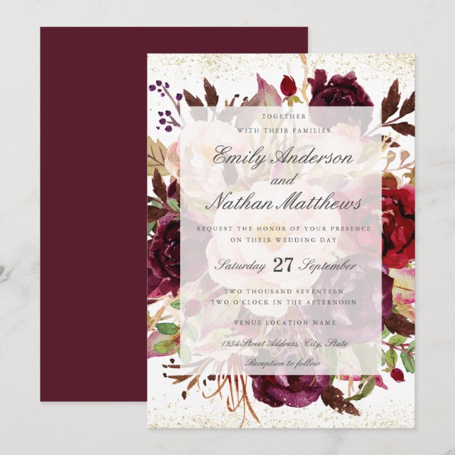 Convites Elegante Casamento Ouro Borgonha (Frente/Verso)