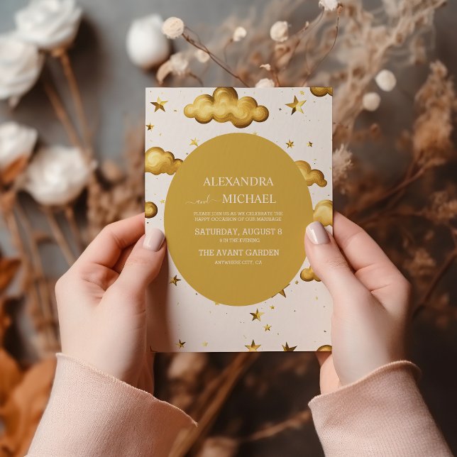 Convites Elegante Casamento Ouro Celestial Lua e Estrelas (Criador carregado)
