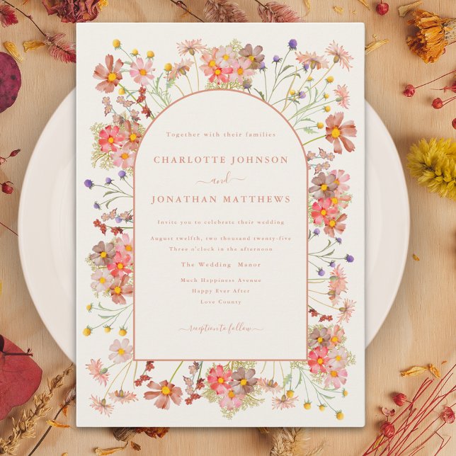 Convites Elegante Casamento outono de flor selvagem (Wildflower burnt orange terracotta arch fall wedding invitation )