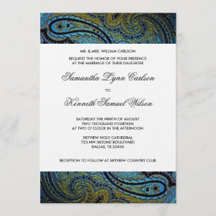Convites Elegante Casamento Paisley Pavão Azul Real