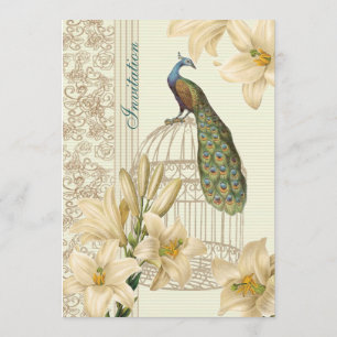 Convites elegante casamento pavão floral lírio branco Vinta