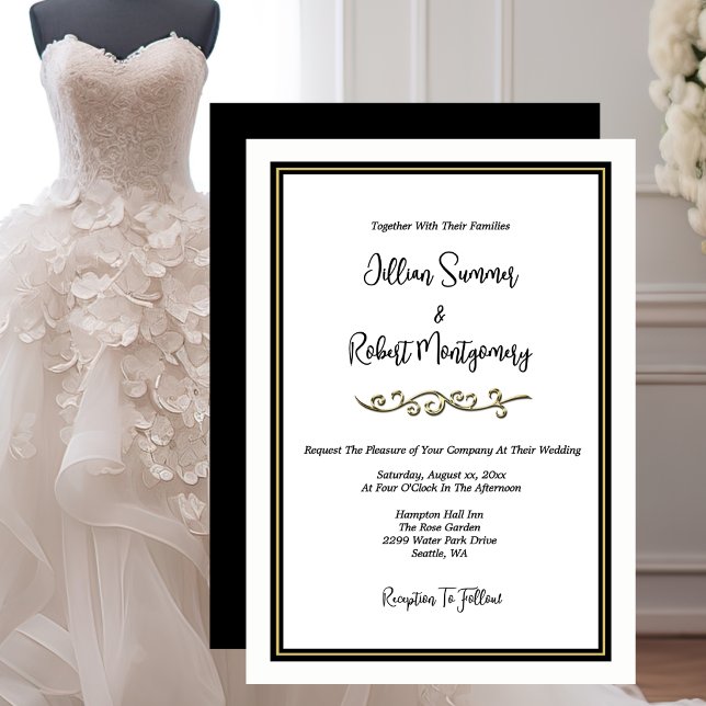 Convites Elegante Casamento Preto e Branco com Dourado (Elegant Black & White With Gold Wedding Invitation)