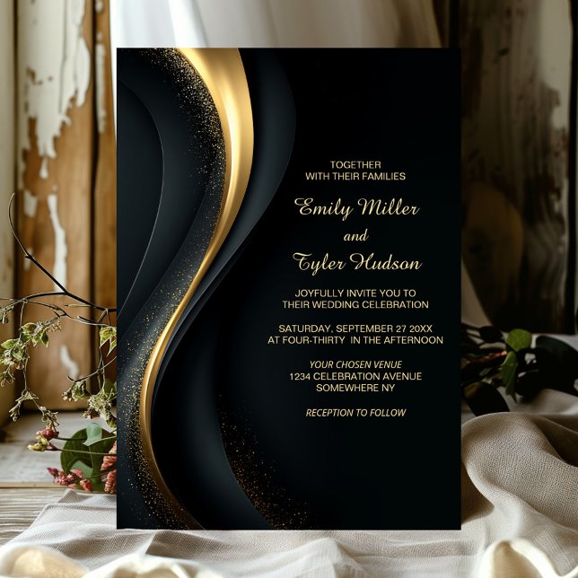 Convites Elegante Casamento Preto e Dourado (Criador carregado)
