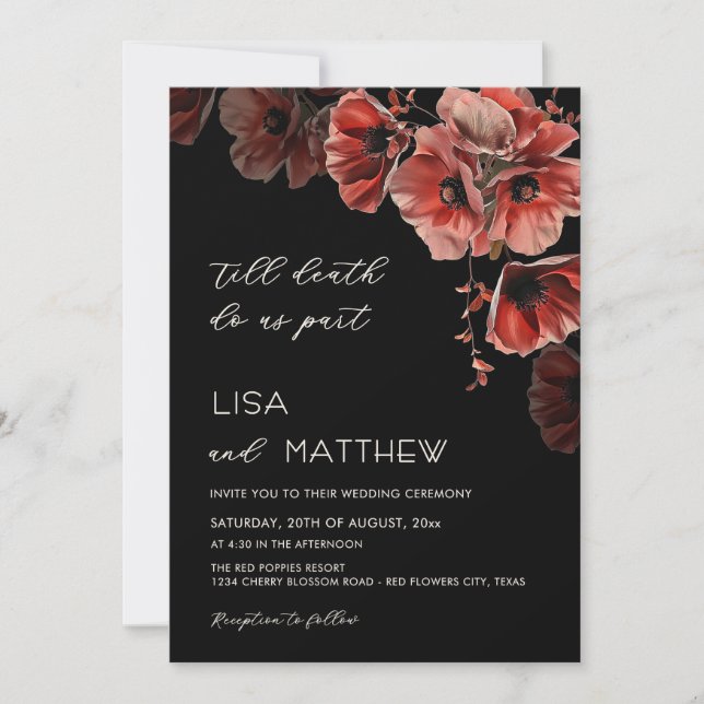 Convites Elegante Casamento Preto e Vermelho Gótico (Frente)