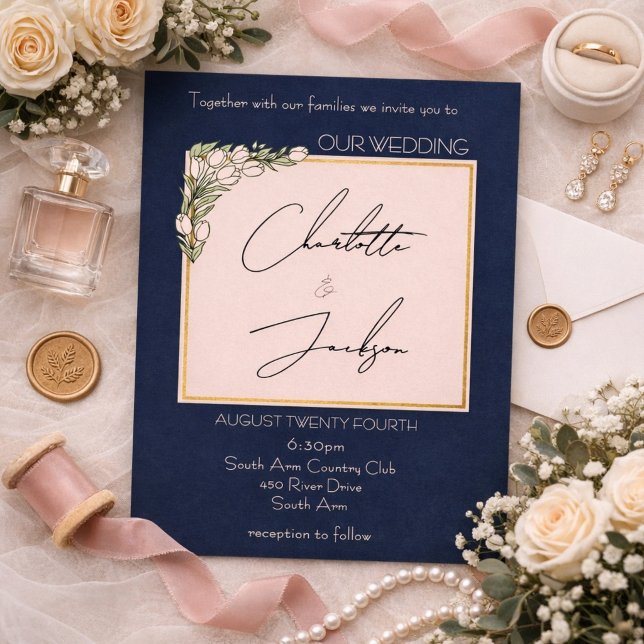 Convites Elegante Casamento Romântico com Tulipas Rosa e Az (Criador carregado)