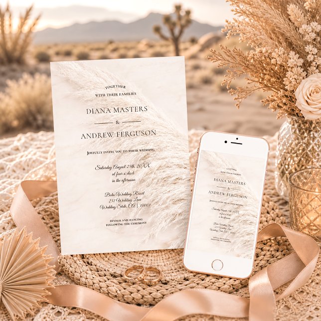 Convites Elegante Casamento Rústico Boho com Grama Pampas (Criador carregado)