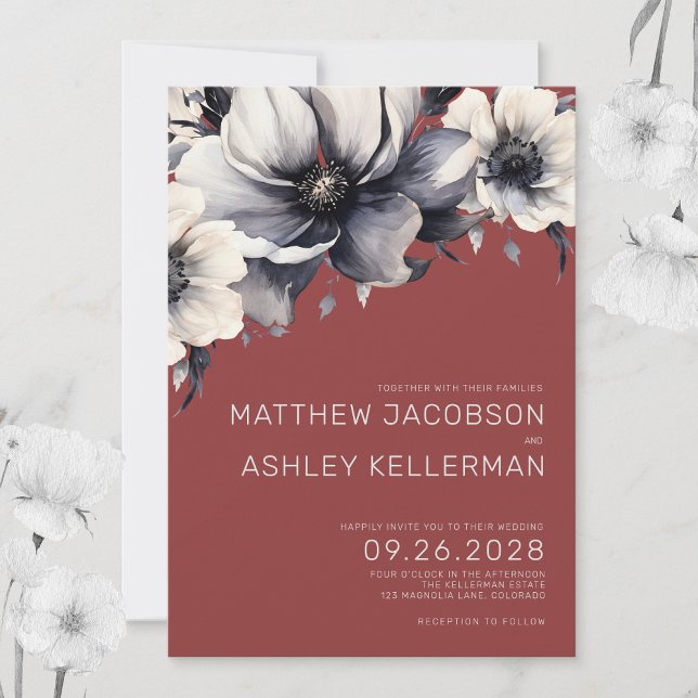 Convites Elegante Casamento Rústico Moderno com Flores Verm (Elegant Modern Fall Red White Floral Wedding Invitation)