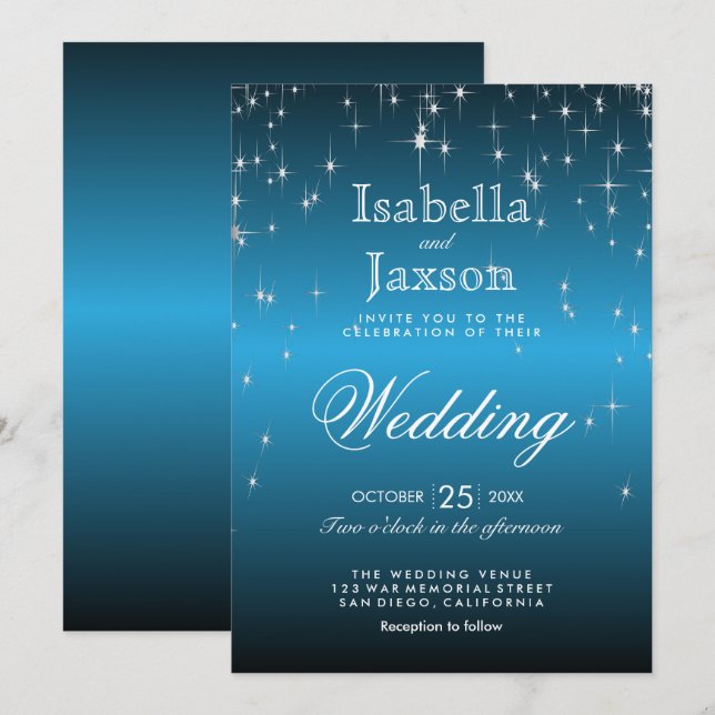 Convites Elegante Casamento sob a Noite Estrelada em Azul C (Frente/Verso)