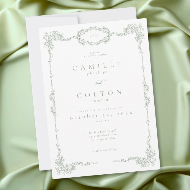 Convites Elegante Casamento Verde Sage Barroco Vintage (Elegant Vintage Baroque Sage Green Wedding Invitation)