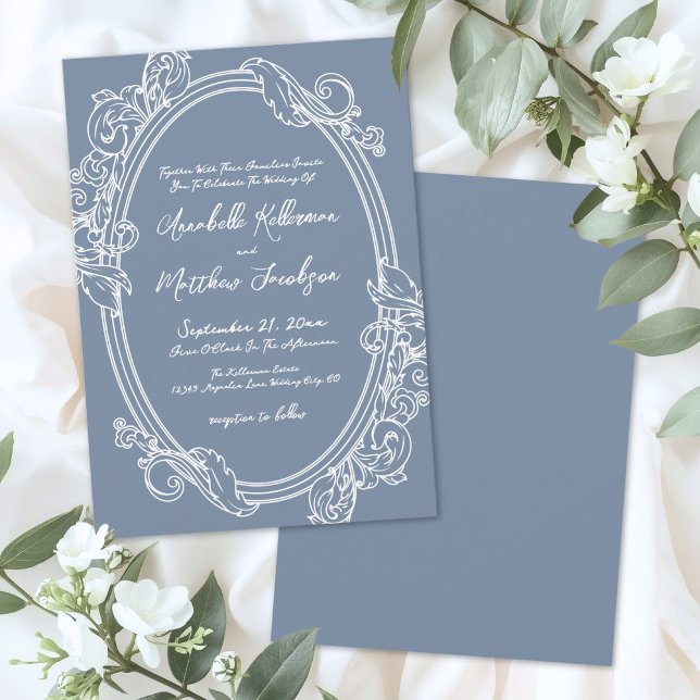 Convites Elegante Casamento Vintage Azul Empoeirado (Elegant Vintage Dusty Blue Wedding Invitation)