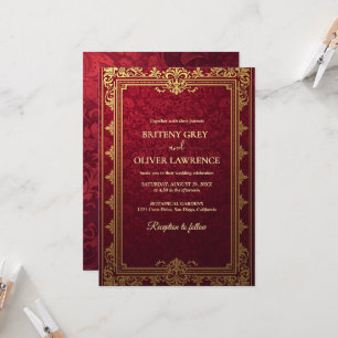 Convites Elegante Casamento Vintage em Vermelho Borgonha e 