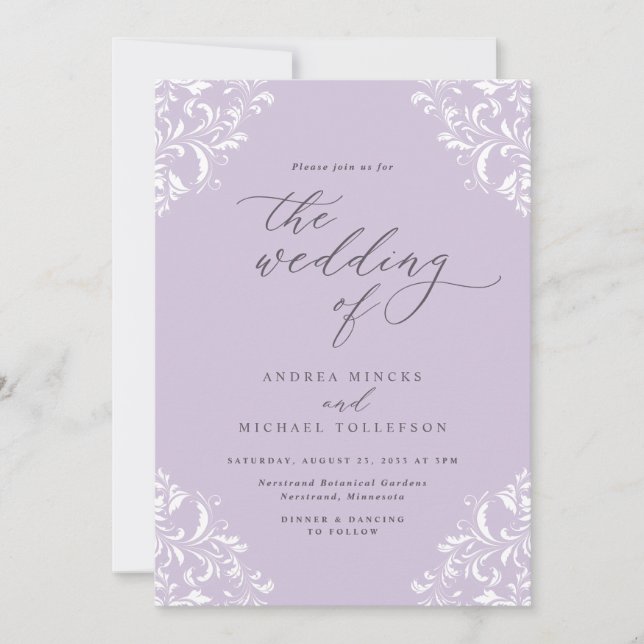 Convites Elegante Casamento Vintage Lavanda Roxo (Frente)