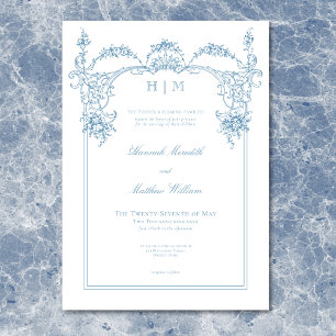 Convites Elegante Casamento Vitoriano em Azul Francês com C