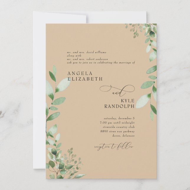 Convites Elegante Cascading Greenery Wedding Khaki (Frente)
