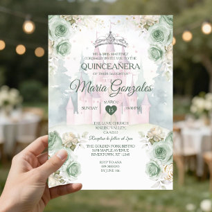 Convites Elegante Castelo Sage Verde Princesa Quinceañera